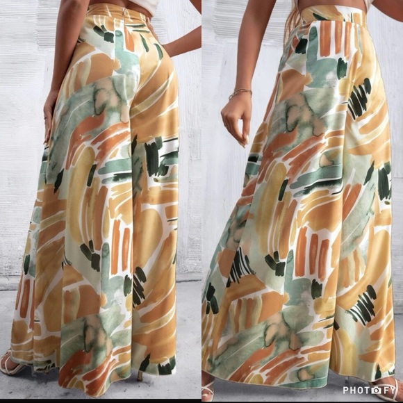 Boho High Waist Rise Water Color Wide Leg Palazzo Pants - Picture 2 of 8